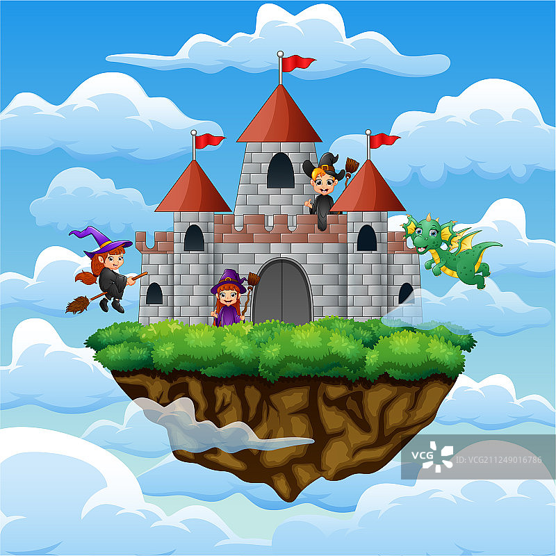 女巫和龙在城堡上空飞舞图片素材