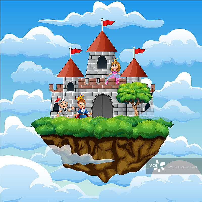 卡通王子和公主在城堡前图片素材