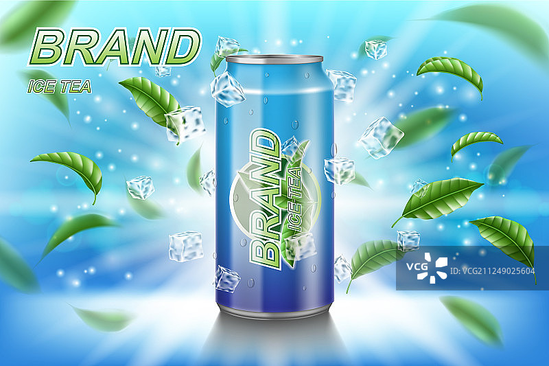 蓝色背景绿色树叶冰茶标签广告图片素材
