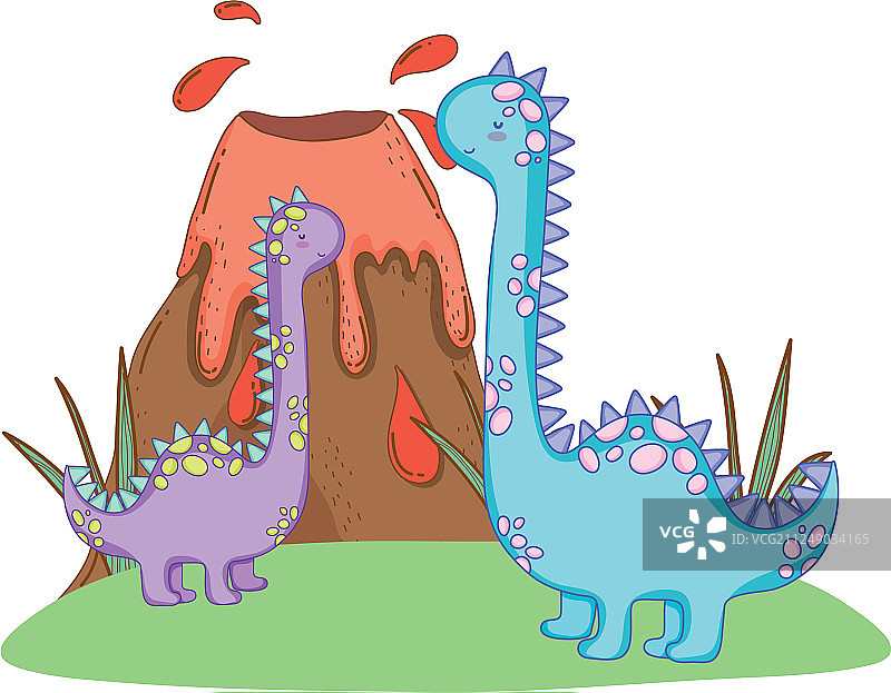 可爱的迷惑龙夫妇与火山图片素材