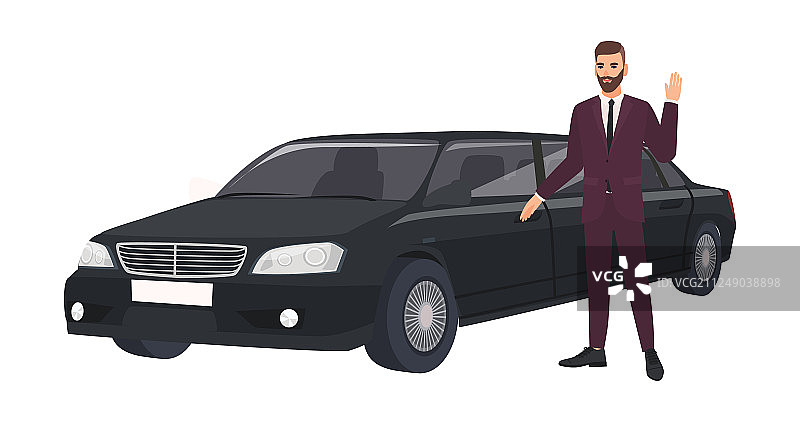 身着优雅西装的富有男人站在豪华轿车旁图片素材