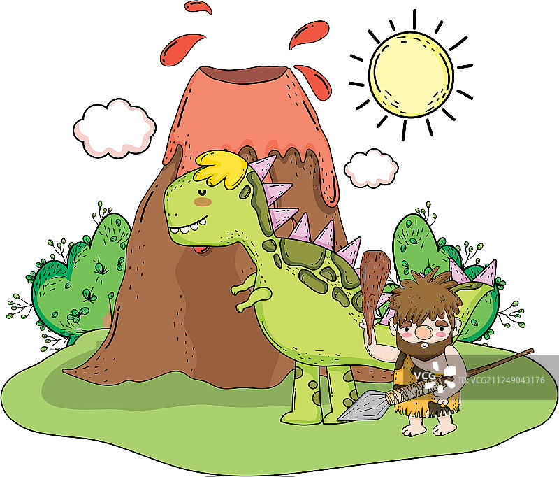 原始人与恐龙在火山景观中图片素材