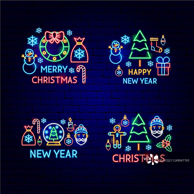 圣诞快乐霓虹灯标签套装图片素材