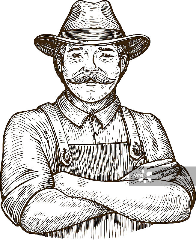 戴帽子的快乐农夫复古素描图片素材