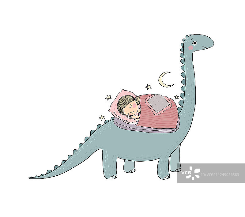 睡觉的女孩和恐龙晚安图片素材