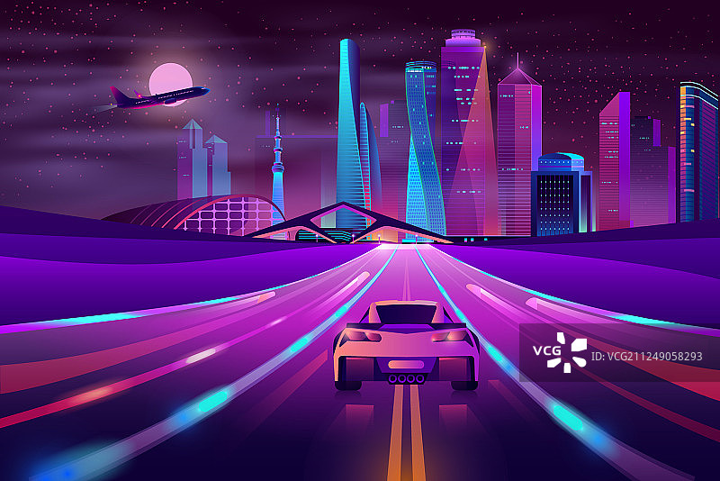未来都市高速公路霓虹灯卡通图片素材