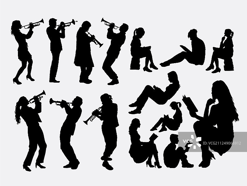 小号演奏者和读书人剪影图片素材