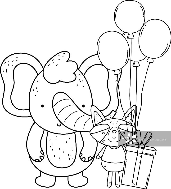 拿着氦气球的小浣熊和大象图片素材