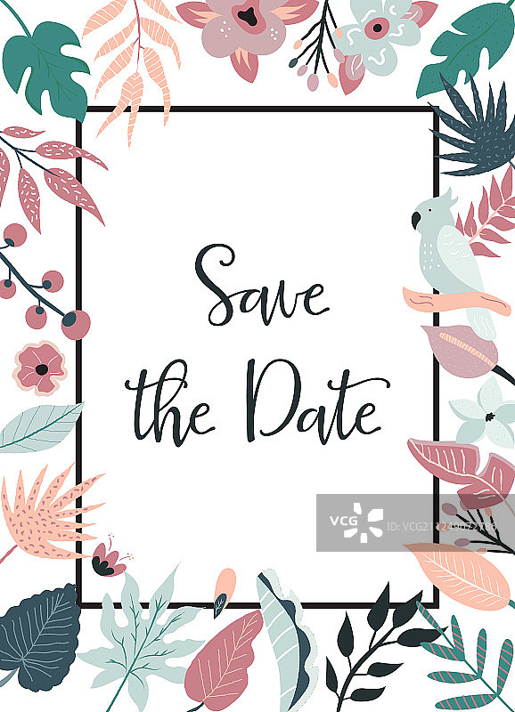 鲜花棕榈叶明亮邀请函图片素材