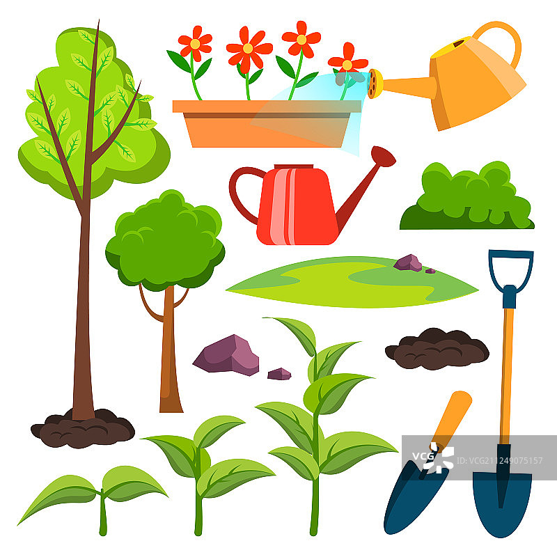 花园图标：浇水罐、铲子、树苗图片素材