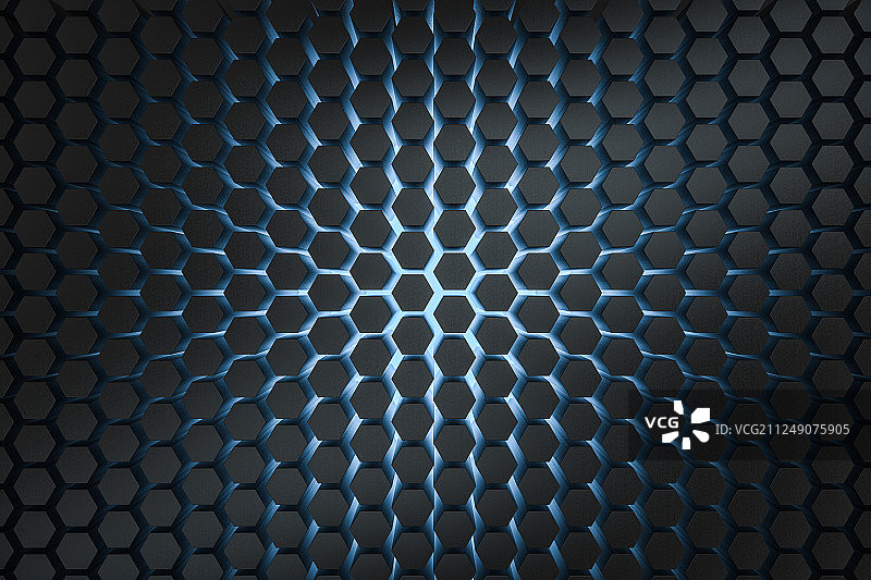深色六边形与发光效果，三维渲染图片素材