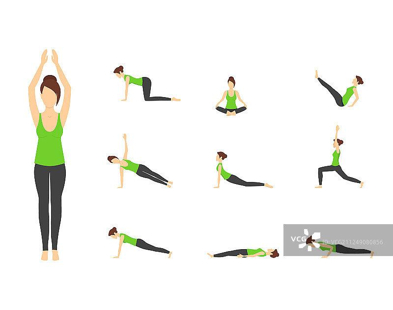 卡通女人绿色上衣瑜伽姿势图标图片素材