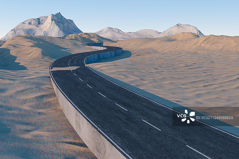 沙漠里蜿蜒向前的道路，三维渲染图片素材
