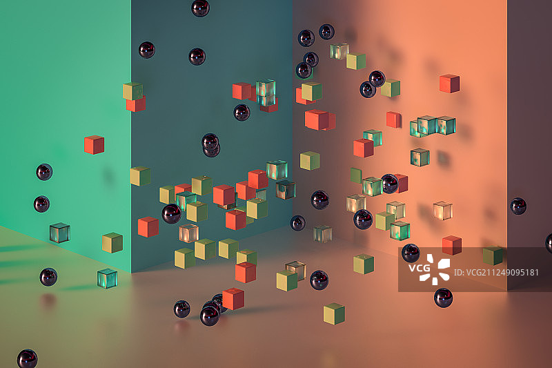 红绿配色方块小球与墙面，三维渲染图片素材