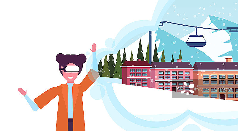 戴着数字眼镜体验虚拟现实滑雪的女人图片素材