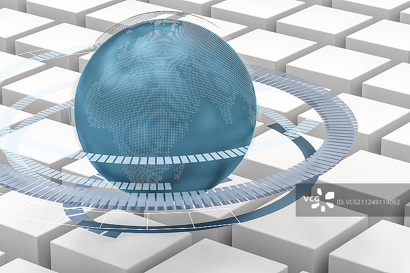白色背景下大数据地球与科幻元素，三维渲染图片素材