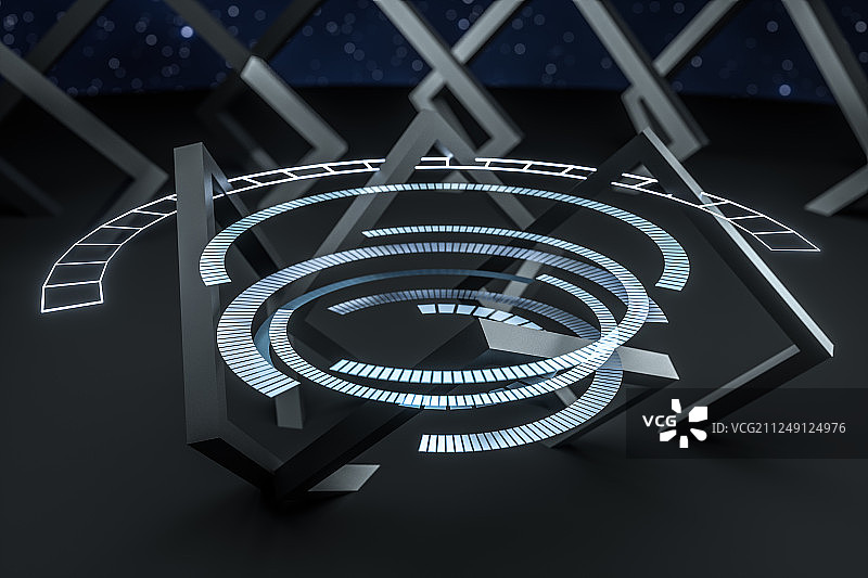 黑暗中的立方体阵列与科幻元素，三维渲染图片素材