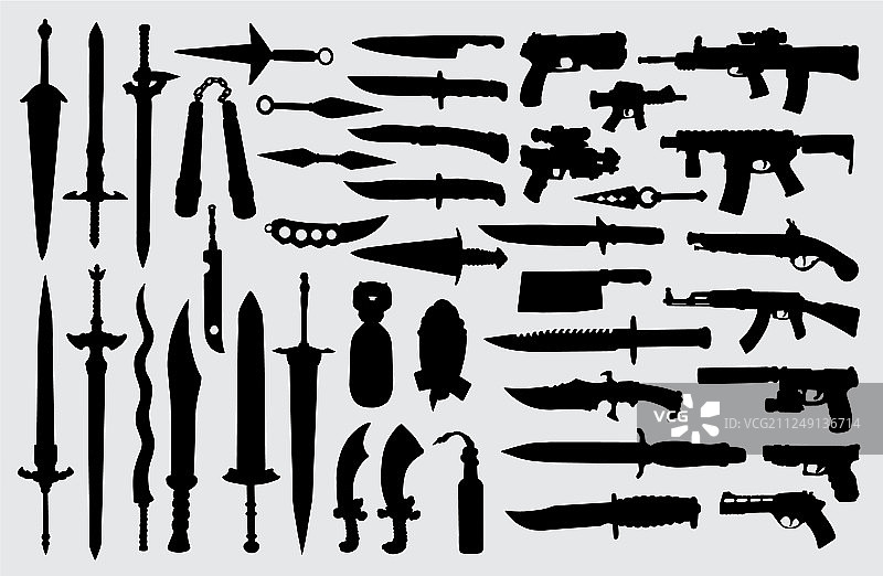 枪、手枪、剑和刀武器剪影图片素材