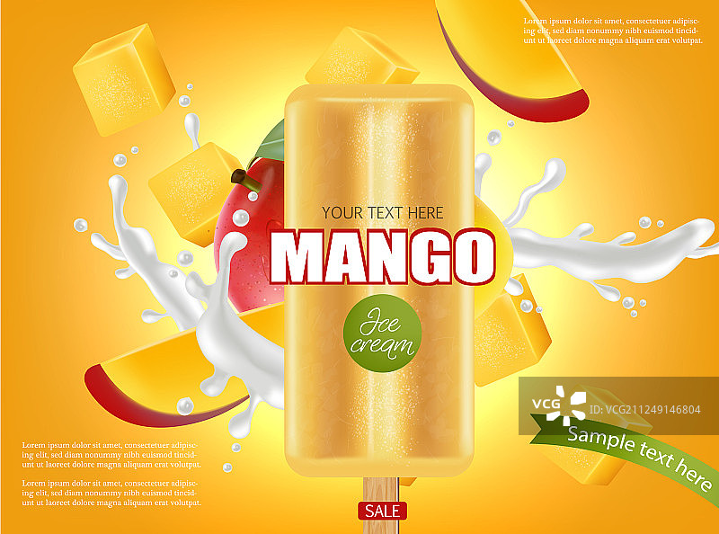 芒果冰淇淋飞溅，逼真新鲜美味图片素材