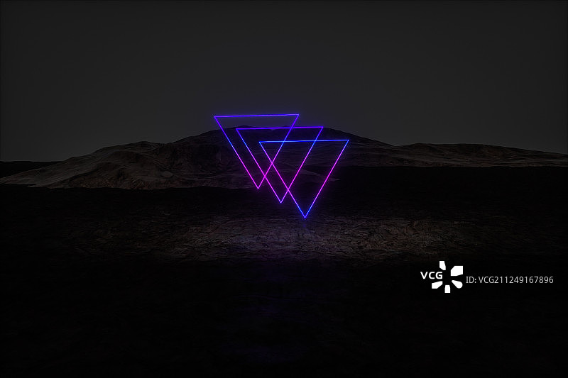 发光的三角形线条与黑暗的环境，三维渲染图片素材