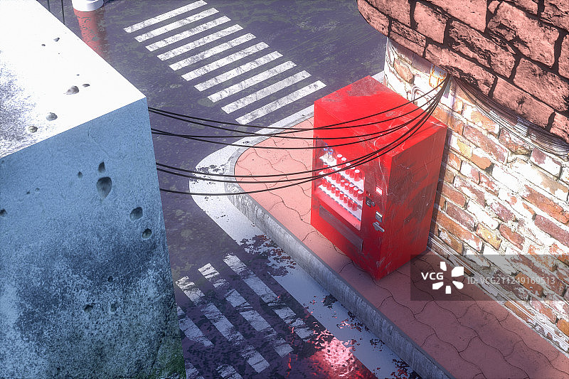 阳光下的复古风格街道边的贩卖机，三维渲染图片素材