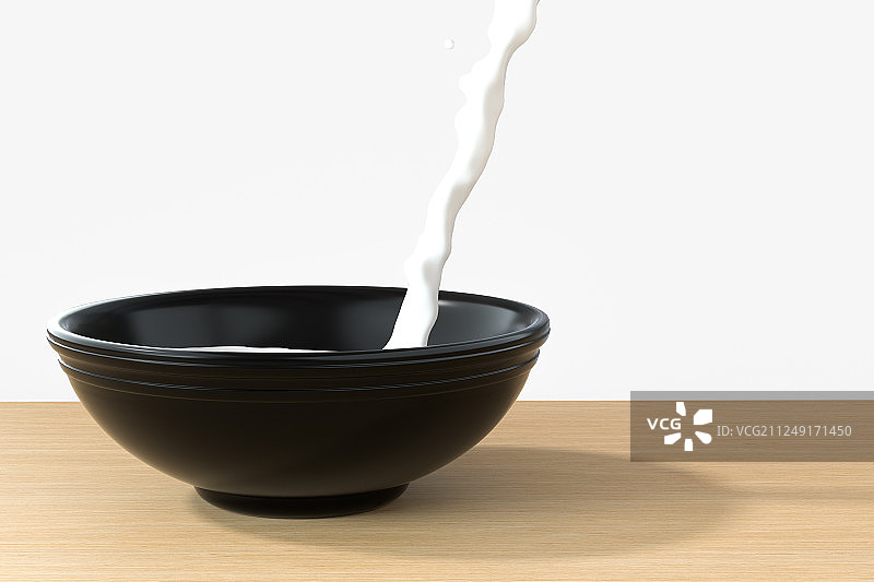 桌面上的一碗牛奶与正在倾倒的液体，三维渲染图片素材