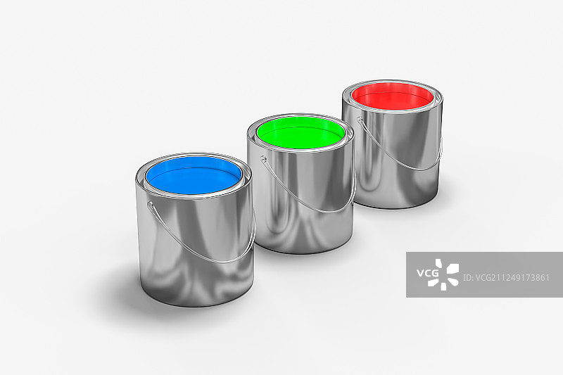 白色背景下桶装三原色颜料，三维渲染图片素材