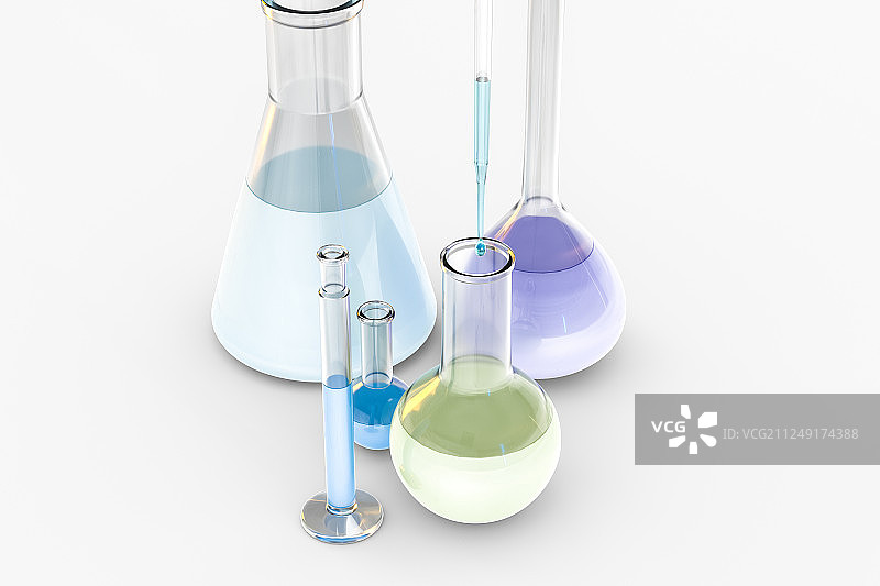 实验室的化学器皿，三维渲染图片素材