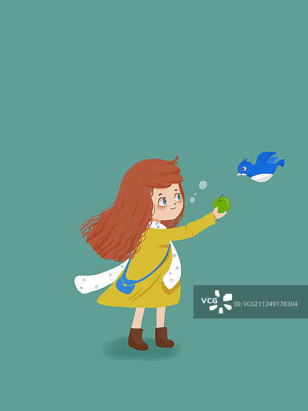 拿着果子给鸟儿吃的女孩插画图片素材