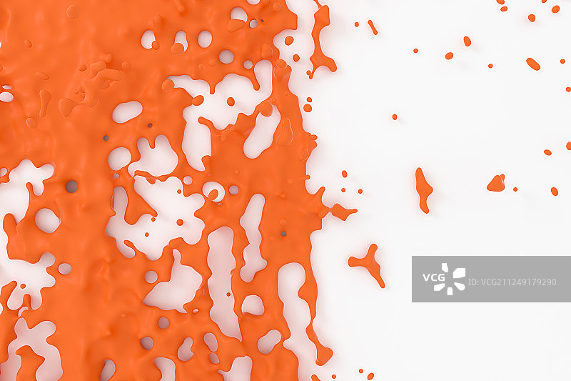 白色墙面上飞溅的橙色液体，三维渲染图片素材