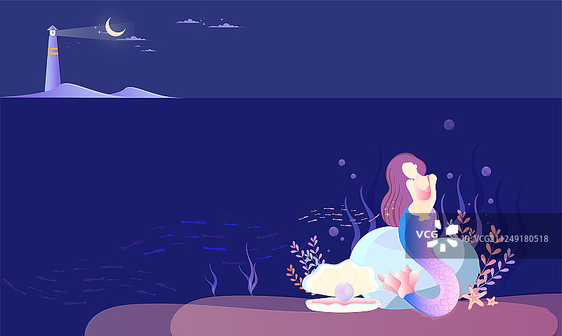 美人鱼公主在海底世界里游泳，鱼群在身边游过插画背景图片素材