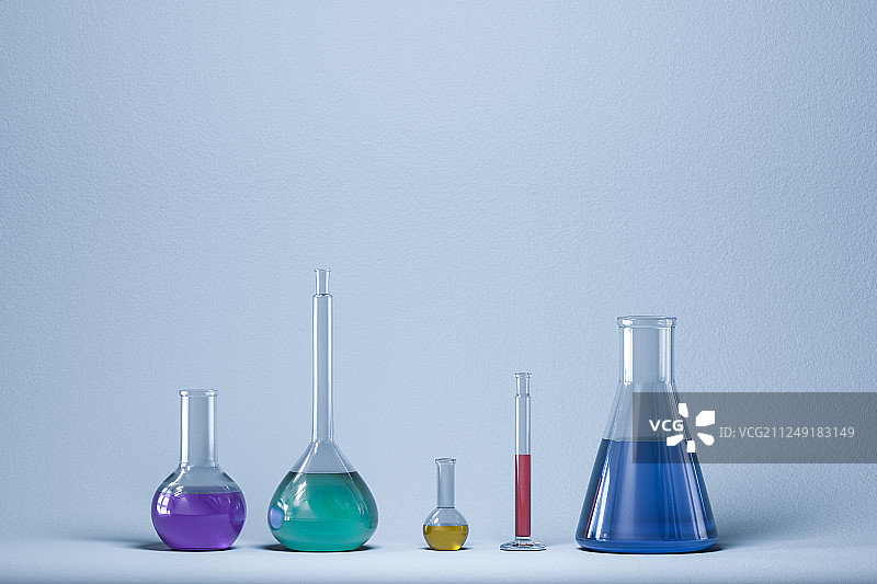 实验室的化学器皿与试液，三维渲染图片素材