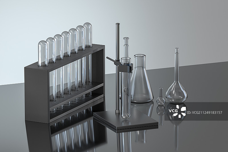 实验室的化学器皿与试液，三维渲染图片素材
