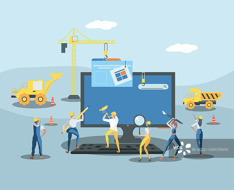 建筑工人和带有网页的桌面图片素材