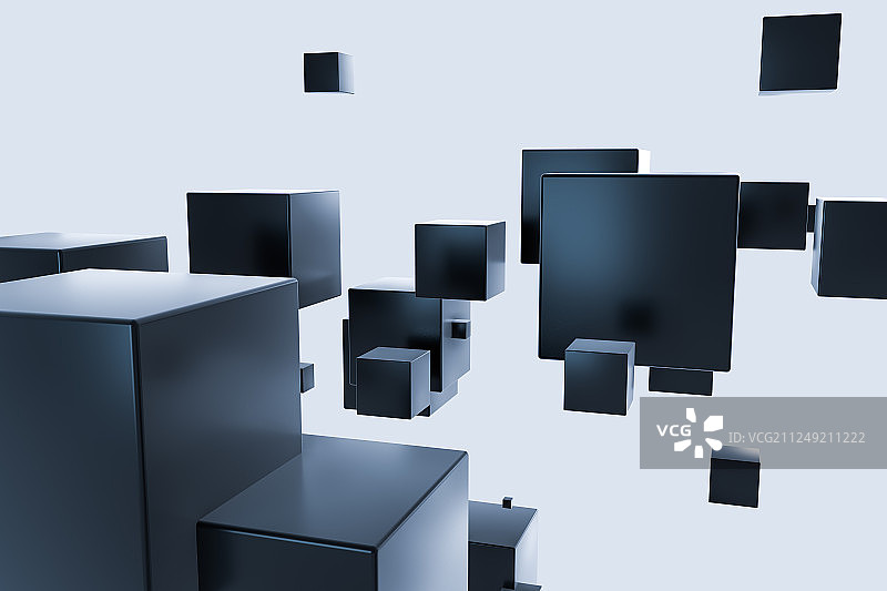 空中随机分布的蓝色方块，三维渲染图片素材