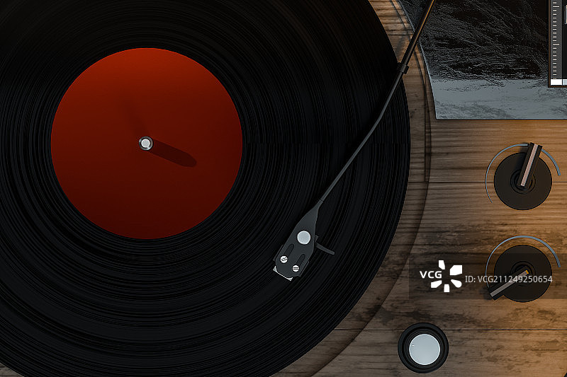木制桌面上的一台黑胶唱片机，三维渲染图片素材