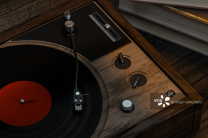 木制桌面上的一台黑胶唱片机，三维渲染图片素材