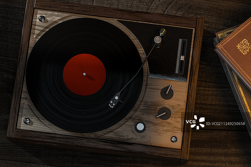 木制桌面上的一台黑胶唱片机，三维渲染图片素材
