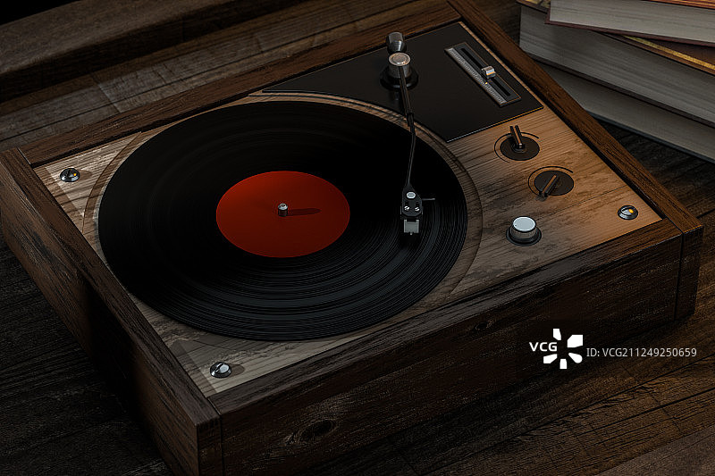 木制桌面上的一台黑胶唱片机，三维渲染图片素材