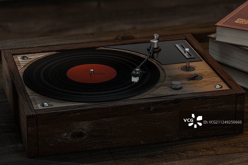 木制桌面上的一台黑胶唱片机，三维渲染图片素材