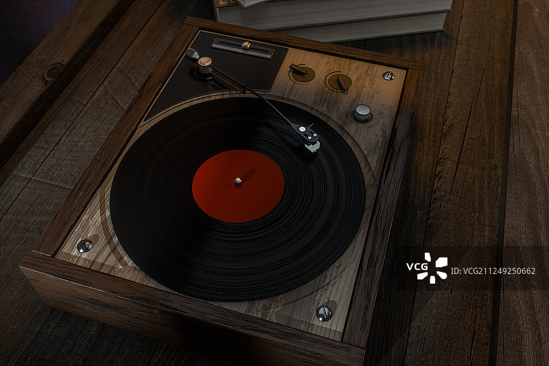 木制桌面上的一台黑胶唱片机，三维渲染图片素材