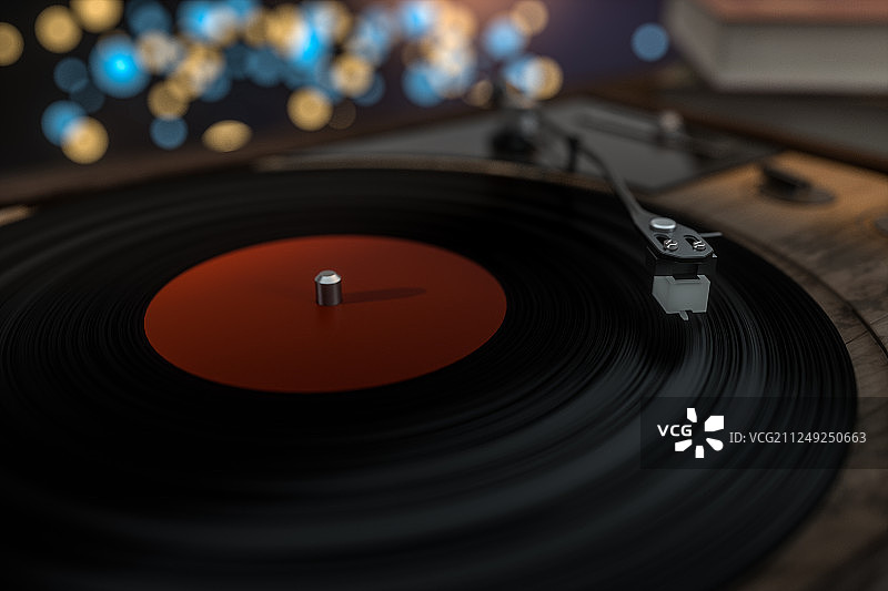 木制桌面上的一台黑胶唱片机，三维渲染图片素材