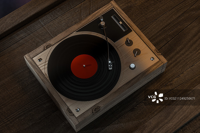 木制桌面上的一台黑胶唱片机，三维渲染图片素材