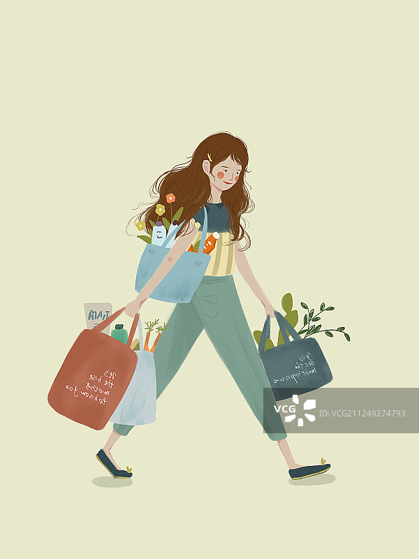 双11购物节买东西的女人森系插画图片素材