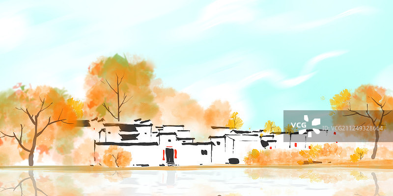 中国风水墨画江南古镇风景画图片素材