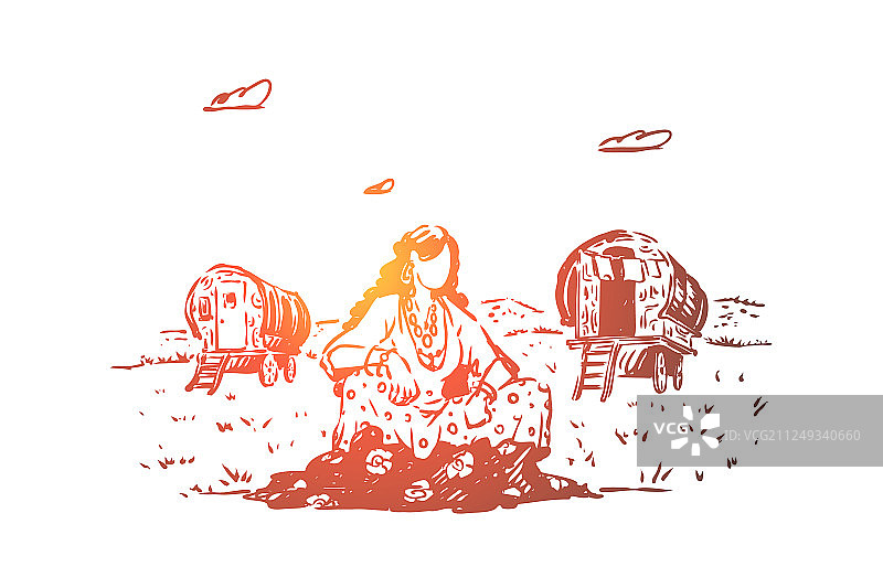 坐在田野里的年轻吉普赛女人图片素材