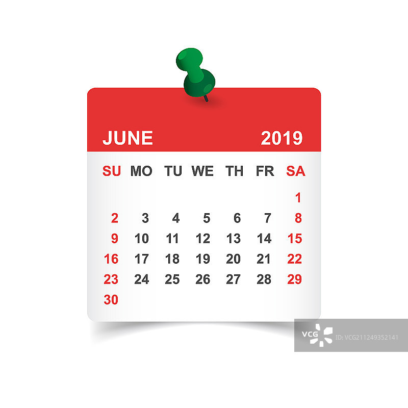 带有图钉的2019年6月日历贴纸图片素材
