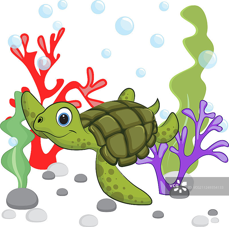 卡通海龟与水下珊瑚植物图片素材