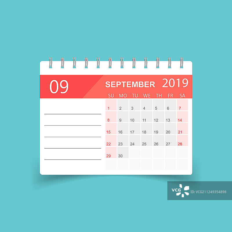 2019年9月日历纸质贴纸图片素材