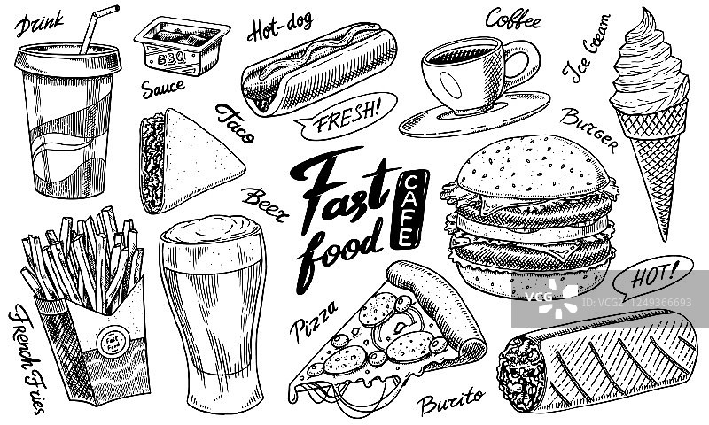 快餐：汉堡、炸玉米饼和热狗图片素材